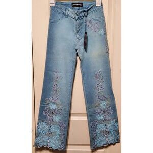 BrazilRoxx Embellished Embroidered Cutout Jeans BR 36/US 0 Blue - NEW W/ Tags